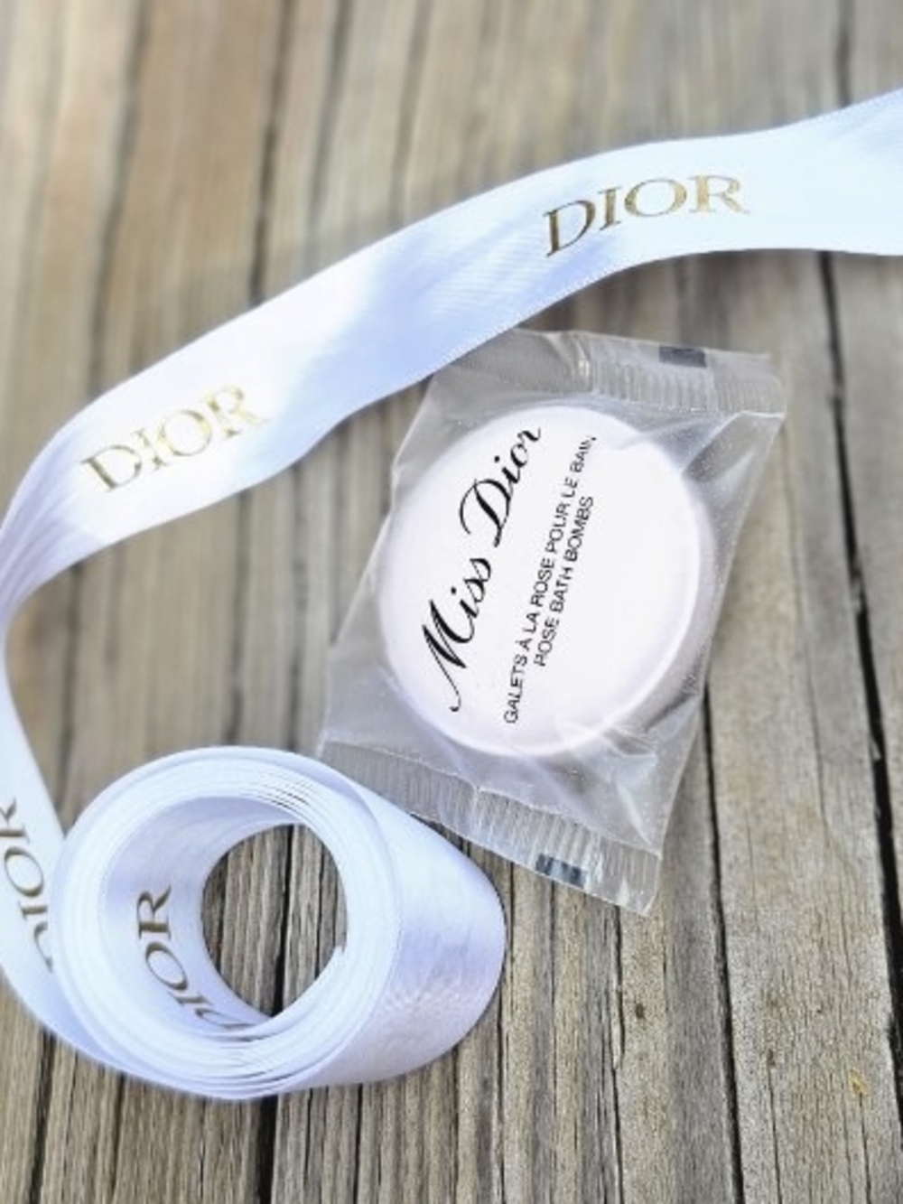 Dior White and Gold Branded Ribbon and Miss Dior Bath Bomb